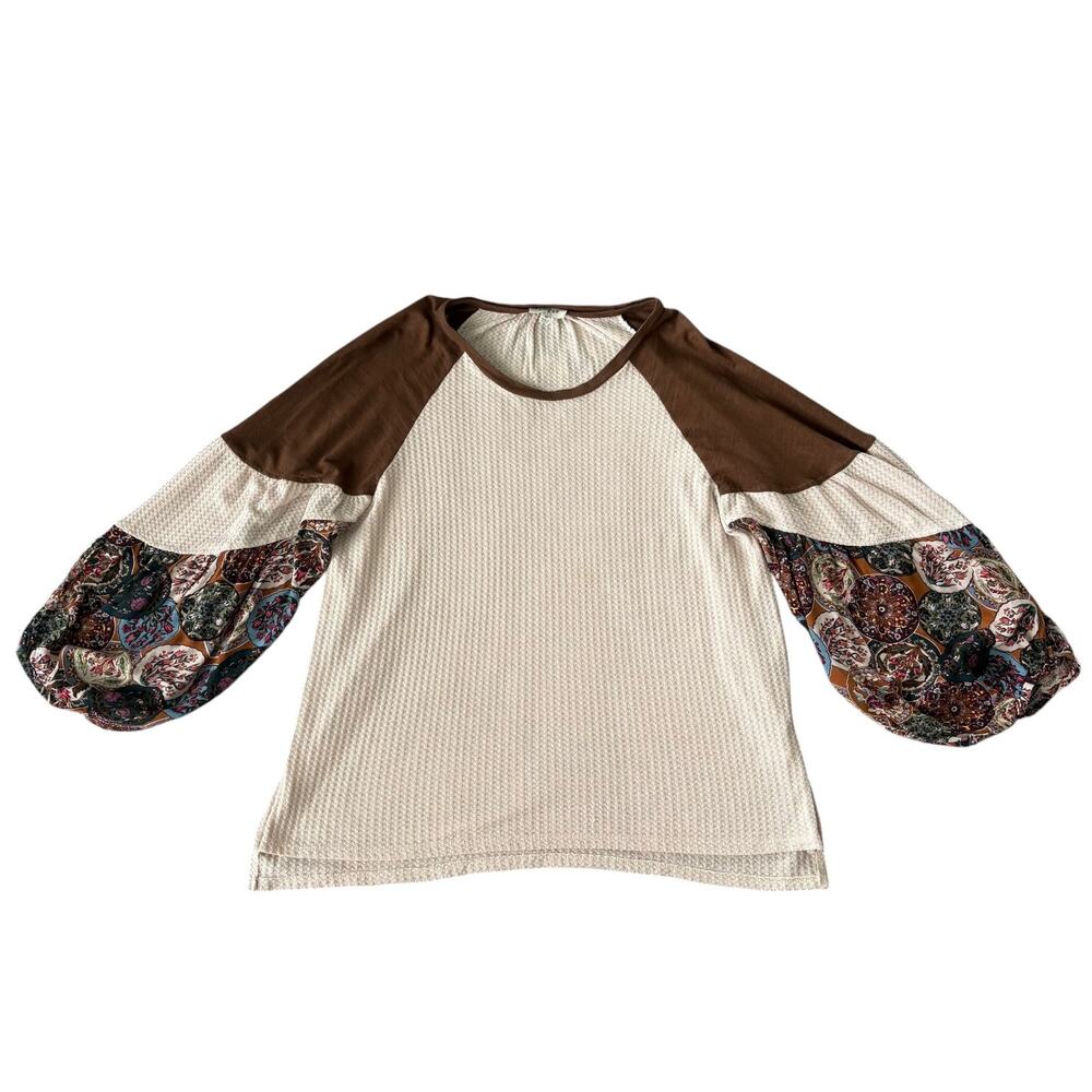 UMGEE Boho Waffle Knit Top M Oversized Lagenlook Balloon Sleeve Floral Patchwork - Picture 6 of 9
